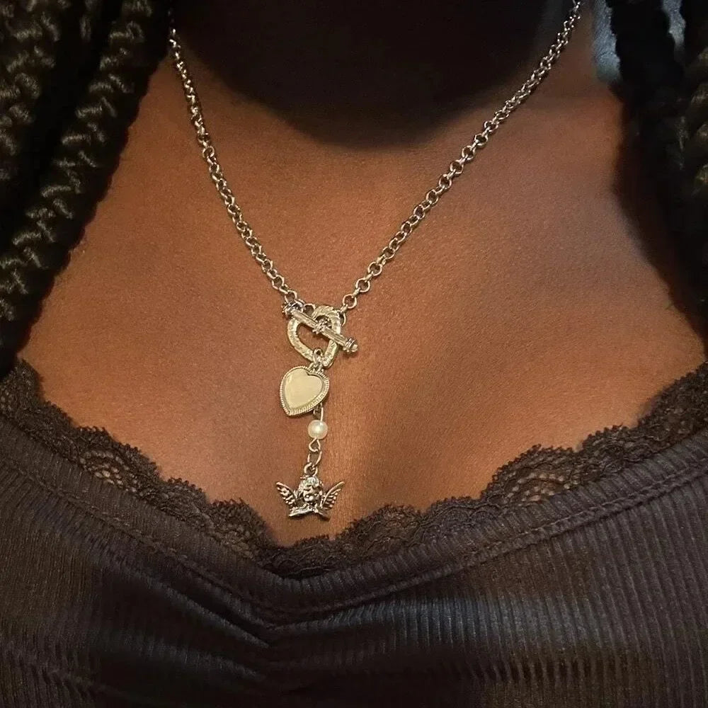 Y2K Retro Kpop Silver Color Pendant Necklaces for Women Gothic Zircon Heart Cross Tassel Necklace Punk Clavicle Choker Jewelry