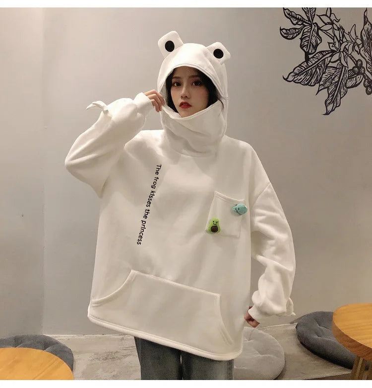 Unisex Frog Zipper Hoodie Fleece Lined Springtime Embroidery oversized Sweatshirt Harajuku Warm Pullover Korean Style Dropship