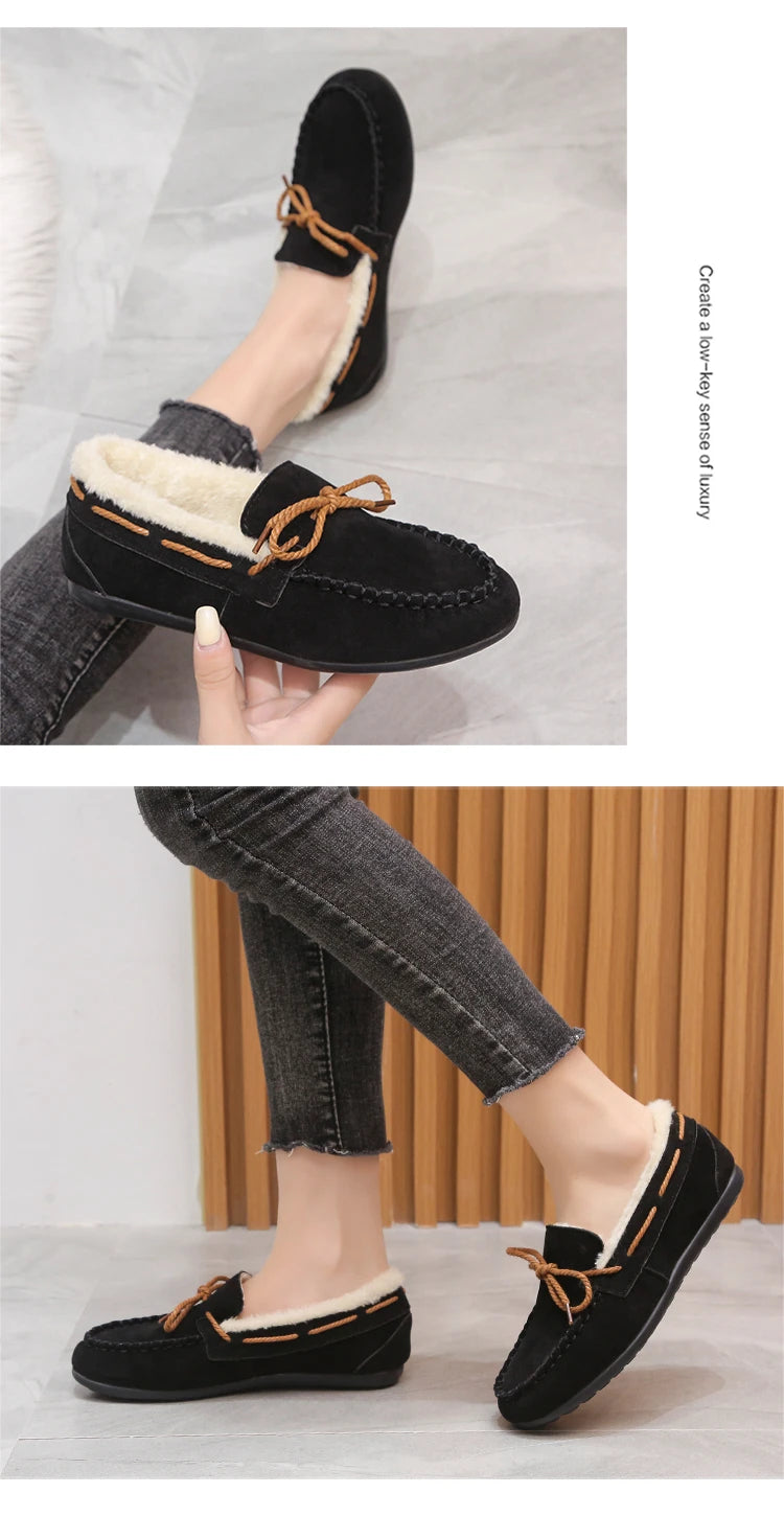 2023 autumn and winter new Doudou shoes women plus cashmere warm bow Korean version of casual shallow mouth flat lazy cotton sho