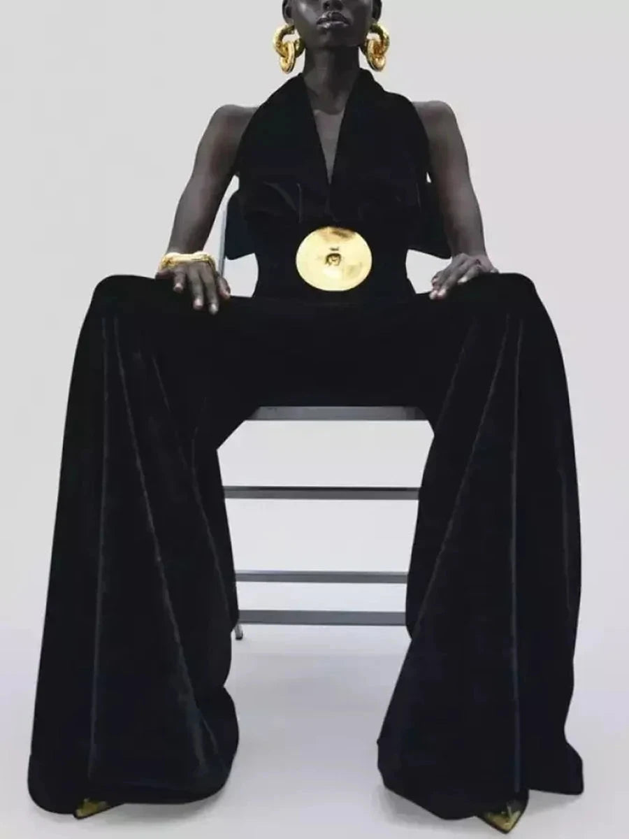 TWOTWINSTYLE Black Slimming Spliced Sequined Fashion Jumpsuits for Women Halter Sleeveless Backless High Waist Jumpsuit Female Viralgem Store