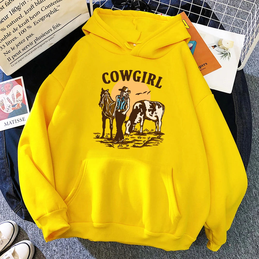 The Cowgirl And Her Cow And Horse Live In The West Hoody Woman Hip Hop Street Hoodies Crewneck Pocket Clothes Loose Pullover