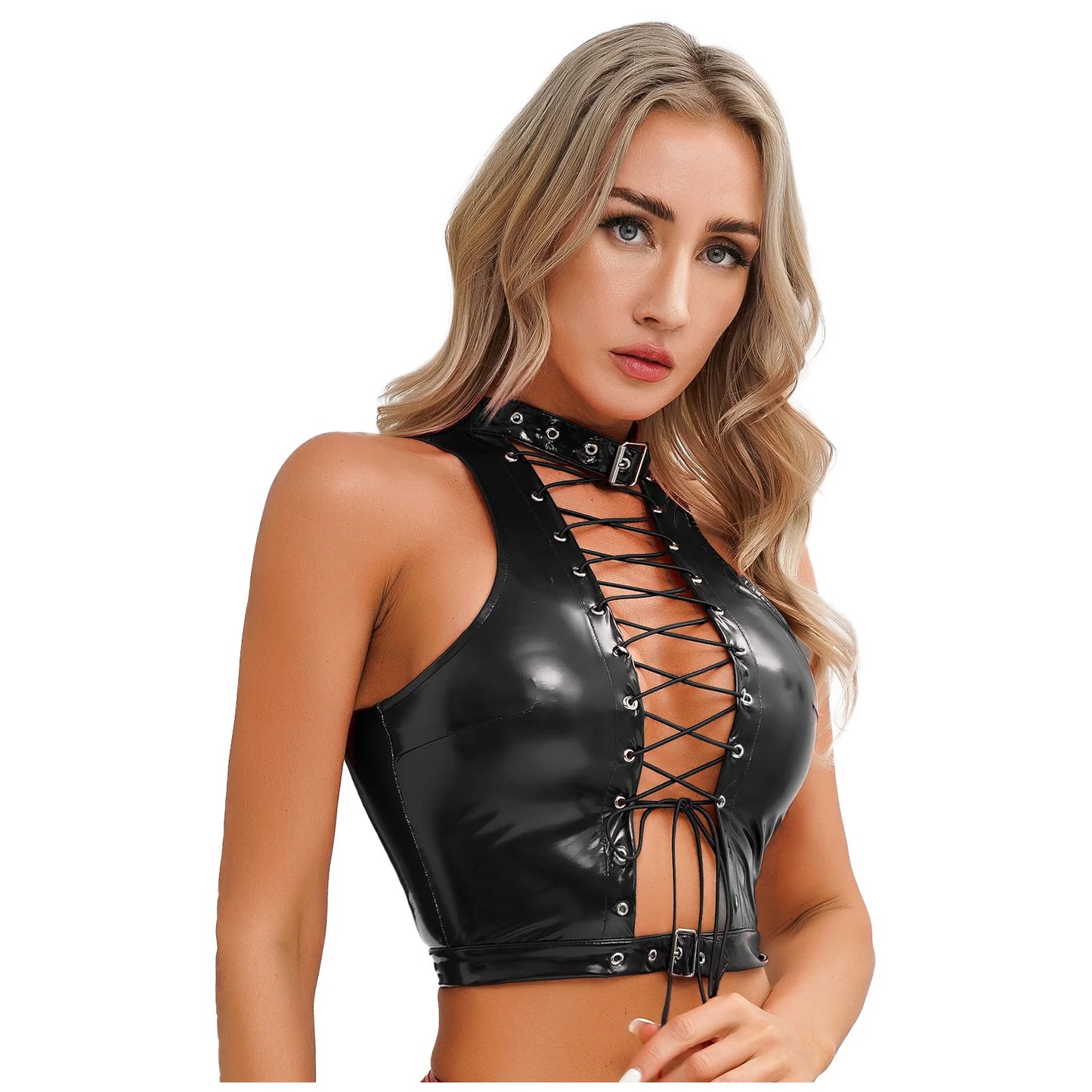 Women's Patent Leather Sleeveless Crop Tops Gothic Punk Corset Top Adjustable Round Neck Lace-up Vest Party Clothes Clubwear