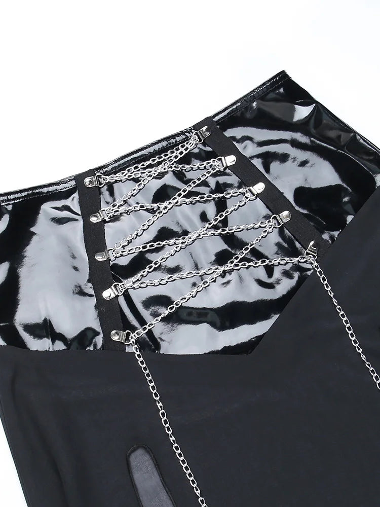 Yangelo Goth Grunge Skirt With Buckle Women Y2K Punk Sexy Bottoms Patchwork Split Long Skirts Summer Zipper See Through Clothes