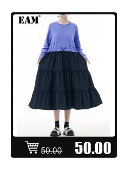 [EAM] Loose Fit Black Denim Big Size Sweatshirt New High Collar Long Sleeve Women Big Size Fashion Spring Autumn 2024 1K166