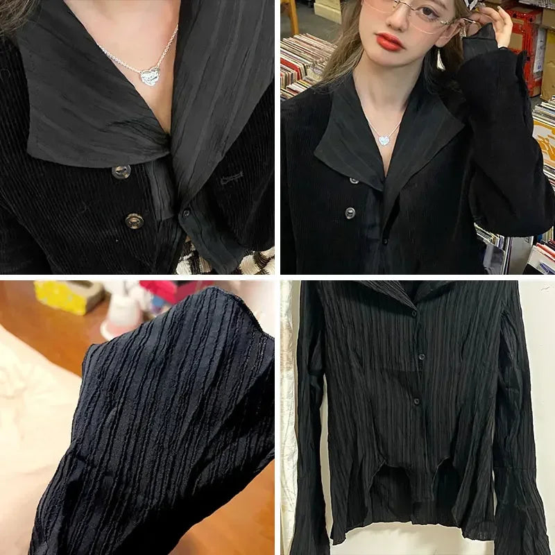 Yamamoto Style Black Shirt Women's Extended Sleeves Irregular Blouses Babes Retro Dark Aesthetic Clothes Gothic Tops