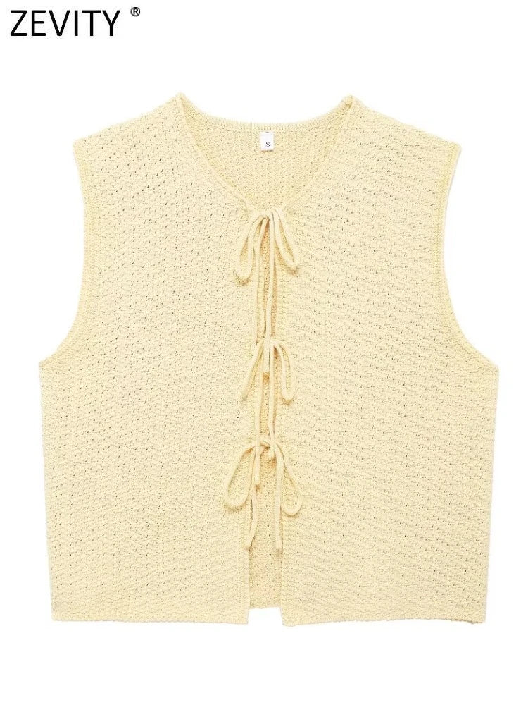 Zevity Women Euro Style V Neck Solid Sleeveless Bow Short Vest Jacket Ladies Retro Knitting Cardigan Slim WaistCoat Tops CT6203 Viralgem Store