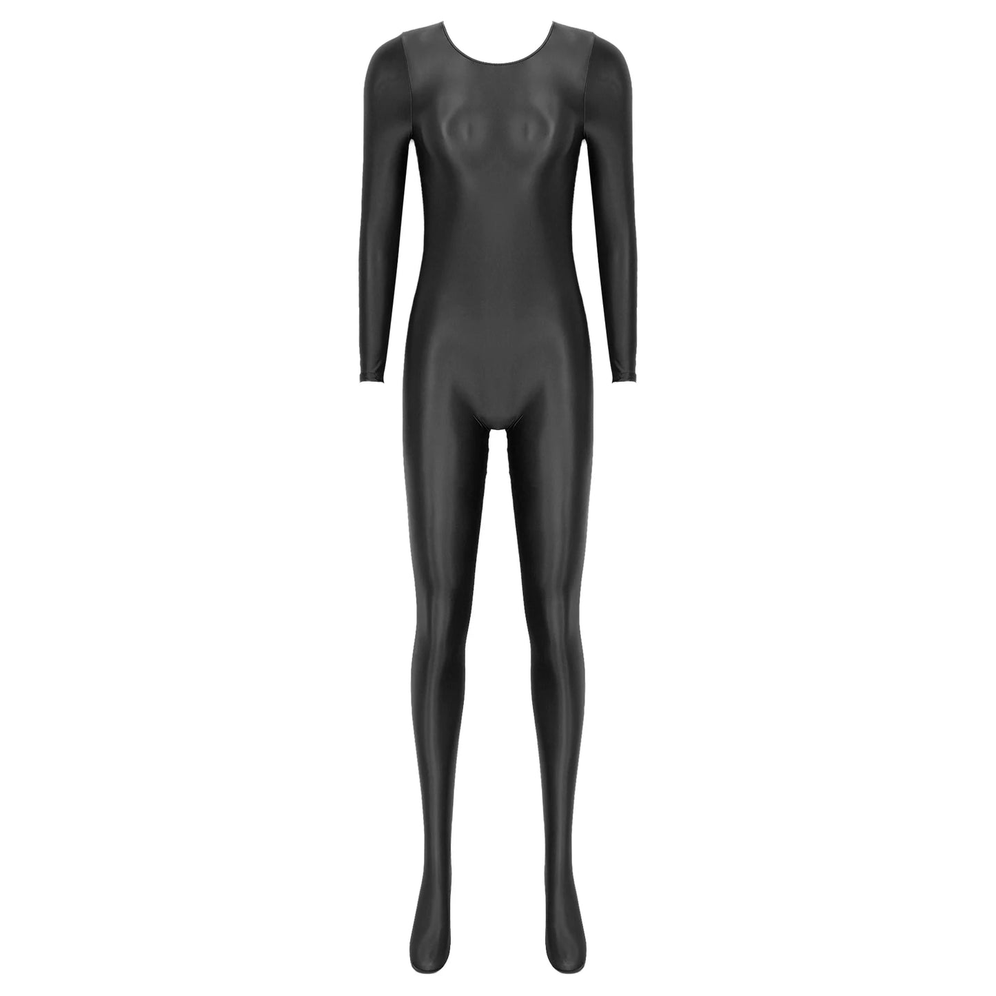 Womens Oil Glossy Bodysuit One Piece Swimwear Long Sleeve Teddies Stretchy Jumpsuit Bodystocking Rave Party Clubwear Swimwear