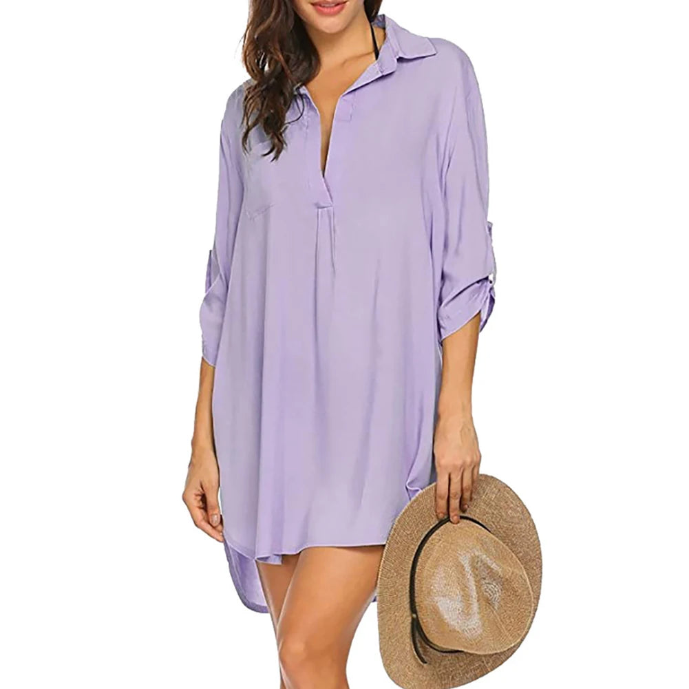 Summer Dress Shirts Beach Holiday Casual Chiffon Comfortable Cover Up Deep Flexible Sun Protection