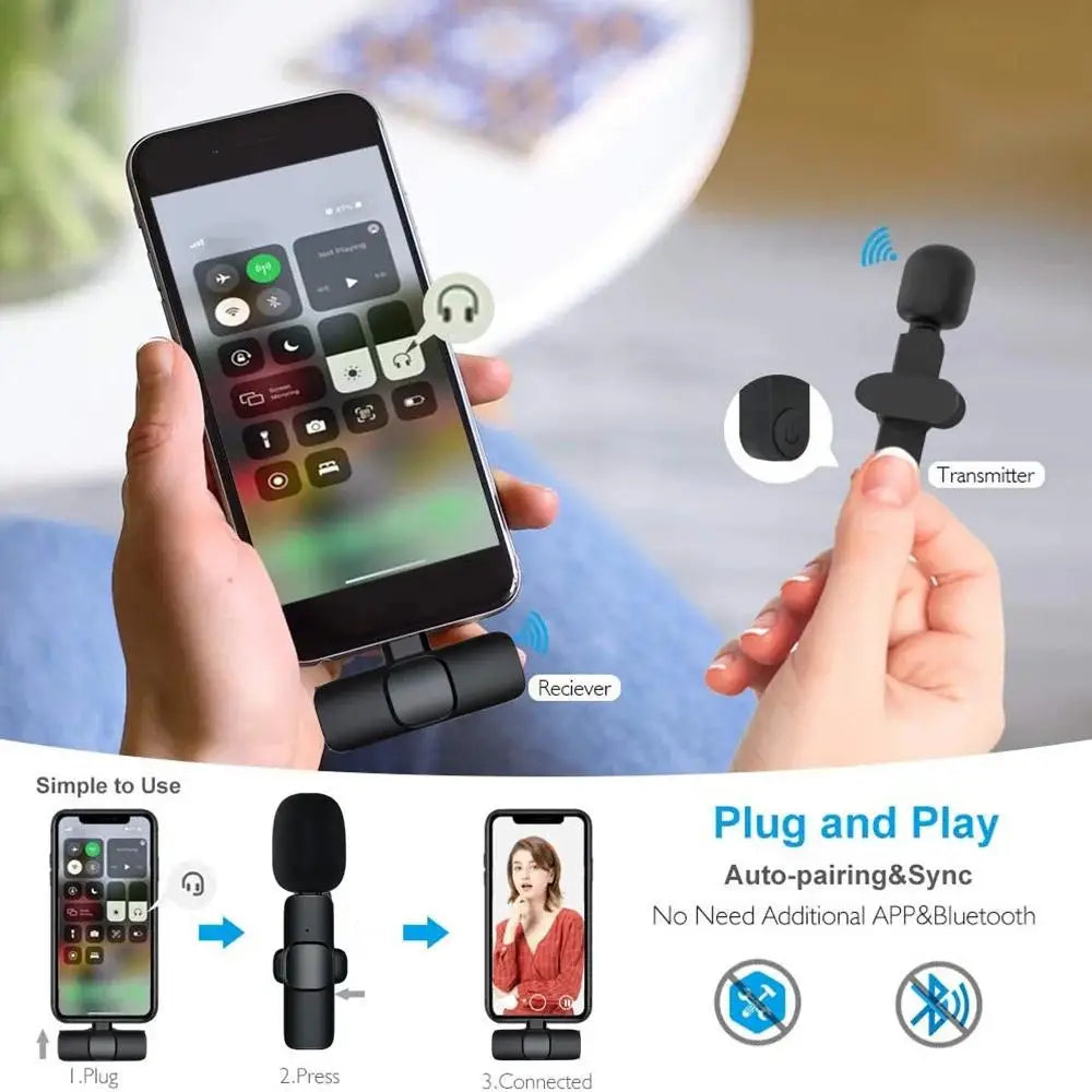 Wireless Lavalier Microphone Mini Portable Audio Video Recording Mic for iPhone Android Live Broadcast Gaming