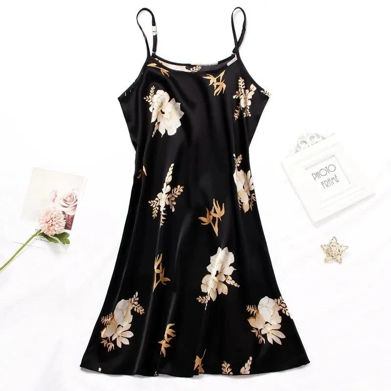 Women Nightwear Home Clothes Sexy Black Floral Printing Nightdress Sleepwear Nightshirts Silk Sleepshirts Nightgowns For Woman Viralgem Store