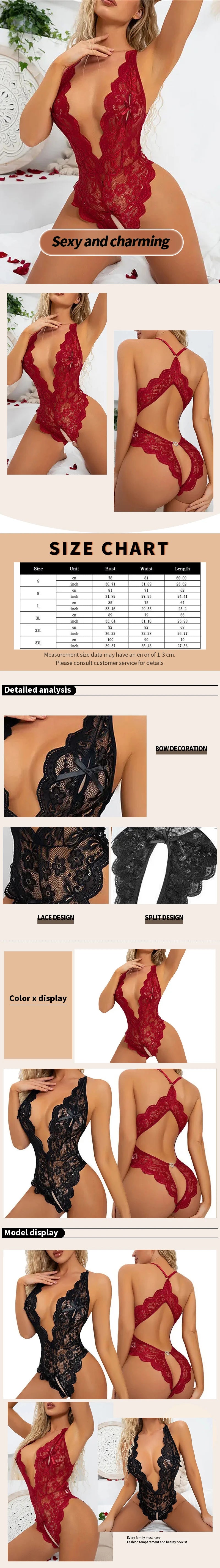 Summer Women's Deep V-Neck Revealing Chest Sexy Dress Lace Pajamas Women's Sexy Transparent Lace Flower One Piece Pajamas