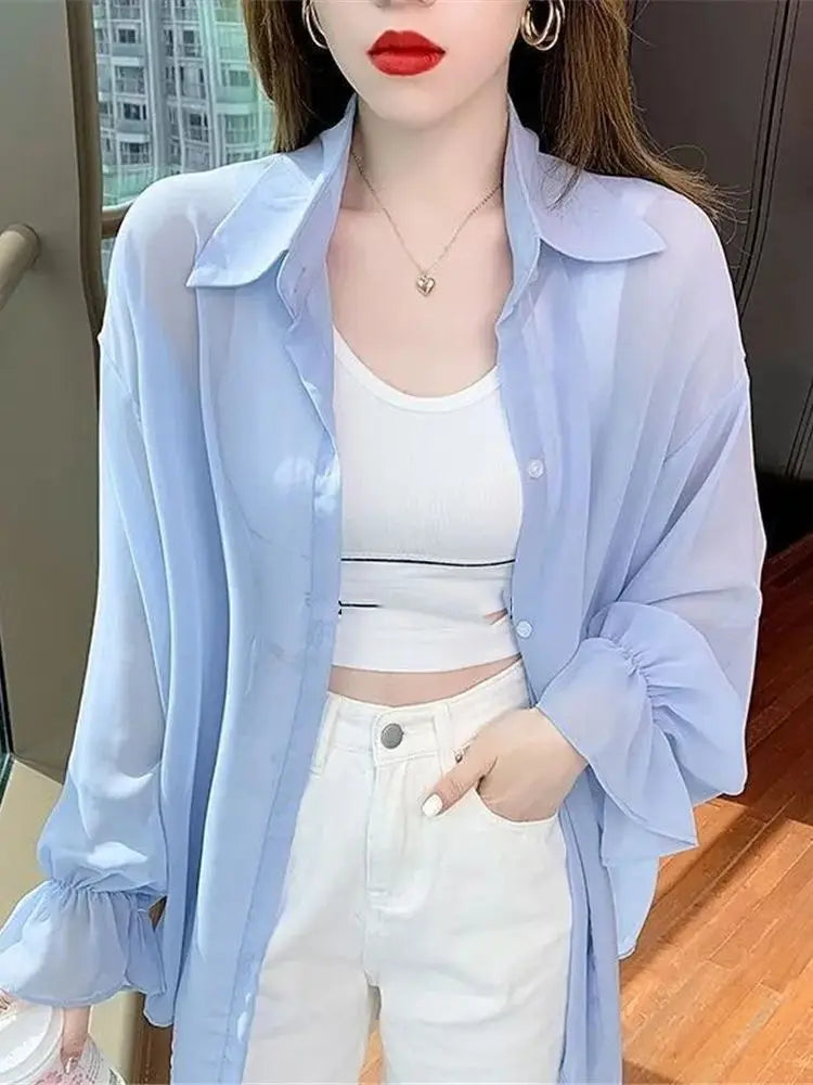 2023 Summer New Thin Women's Sun Protection Jacket Loose Long Sleeves Medium Long Chiffon Shirt Fashion Style Purple Female Tops