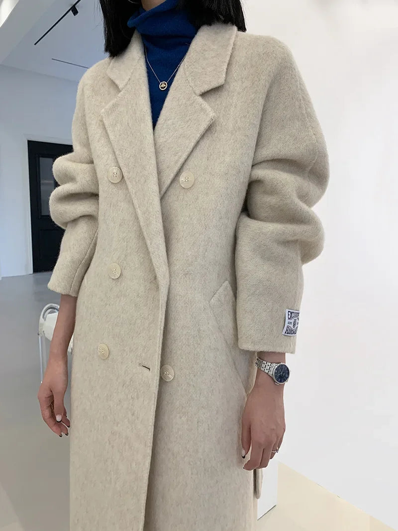 2024 Autumn Winter Wool Coat Women Double-breasted Solid Color Women's Double-sided Woolen Belt Coats Loose Warm Wool Jacket