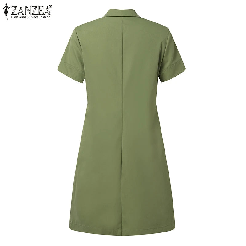 ZANZEA Women Summer Cargo Dress Fashion Solid Shirt Vestidos Vintage Loose OL Work Sundress Green Elegant Holiday Dresses Kaftan Viralgem Store