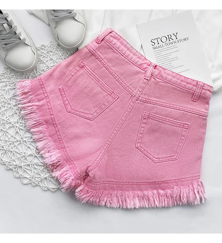 White Denim Shorts Women New High-Waist Ripped Fringed Burr Hot Pants 2023 Summer Loose Wide-Leg Korean Style Short Femme