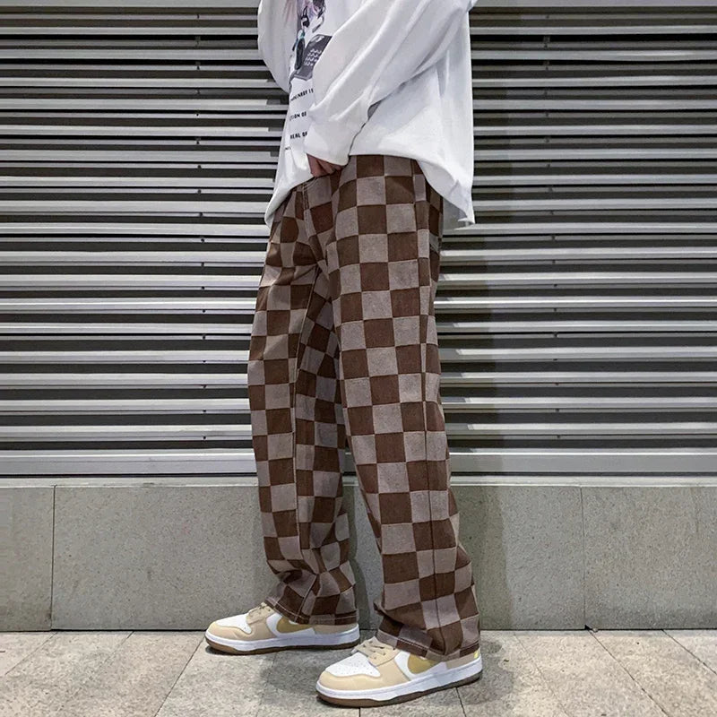 2024 Spring New Men's Brown Check Print Baggy Jeans Korean Fashion Streetwear Denim Straight Pants Male Brand Trousers