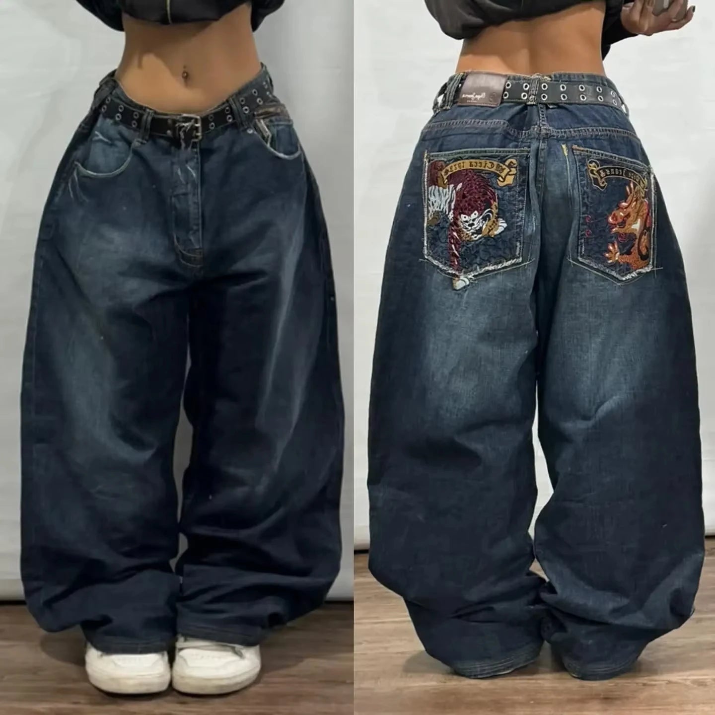 2024 American New Harajuku Vintage Oversized Printed Jeans Women Y2K Washed Old Hip Hop Gothic High Waist Wide Leg Trousers Viralgem Store