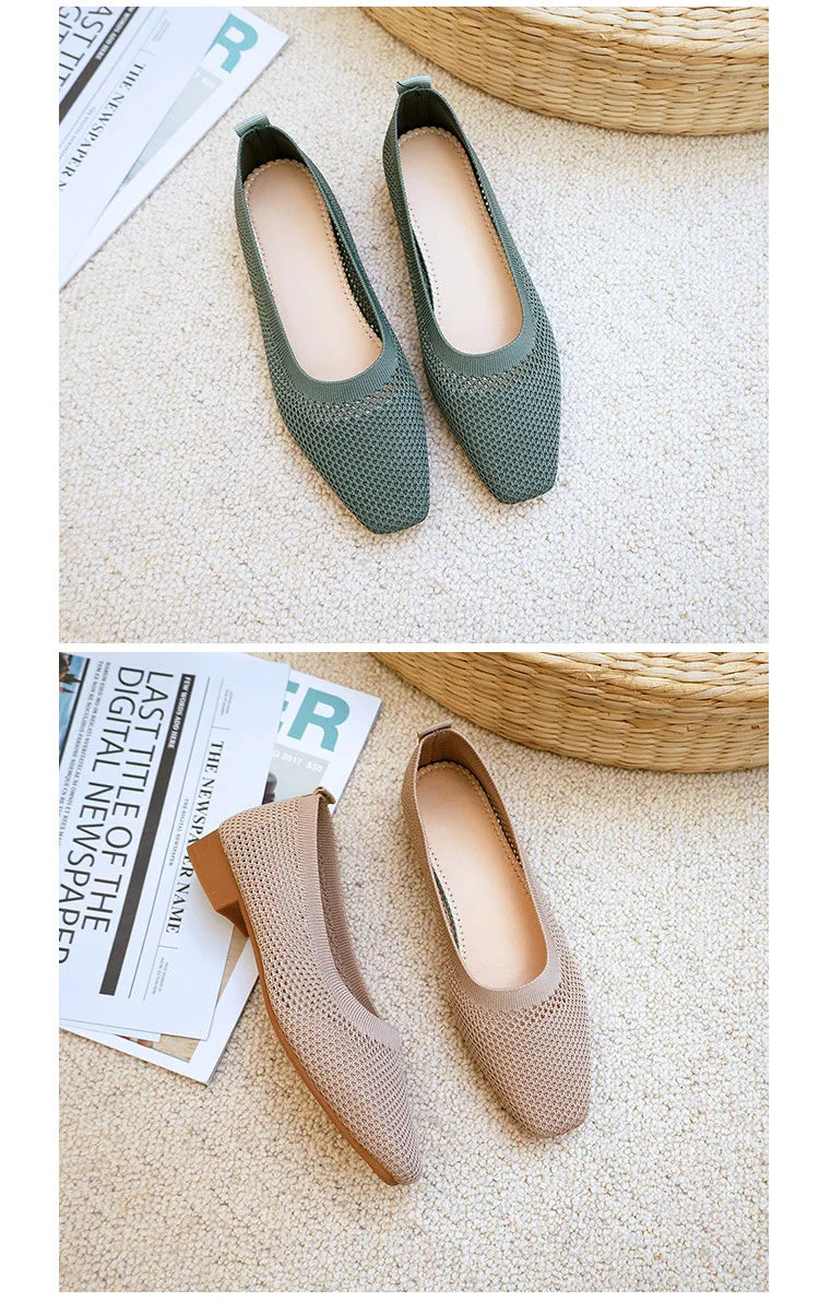 Women Solid Mesh Casual Shoes Summer Breathable Square Toe Hollow Fly Weaving Comfort Light Soft Walkers Flats Zapatos De Mujer
