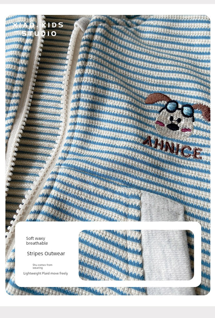 Stripes Knitting Hooded Spring and Autumn Pure Cotton Zipper Outwear