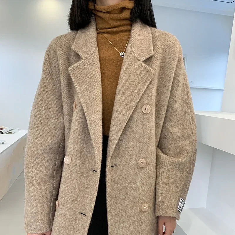 2024 Autumn Winter Wool Coat Women Double-breasted Solid Color Women's Double-sided Woolen Belt Coats Loose Warm Wool Jacket