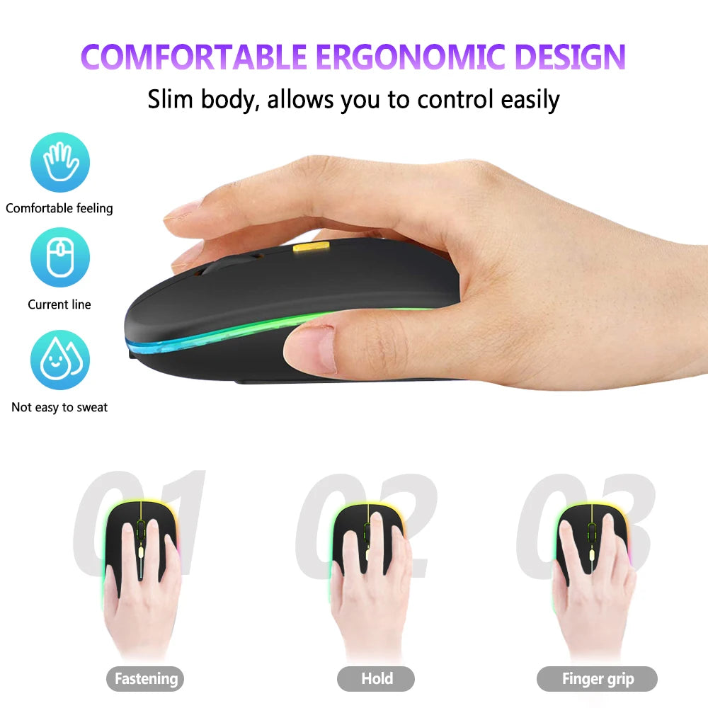 Wireless Mouse Bluetooth and 2.4GHz Dual Modes Rechargeable RGB Ergonomic Silent Click for PC iPad Laptop Cell Phone TV Viralgem Store
