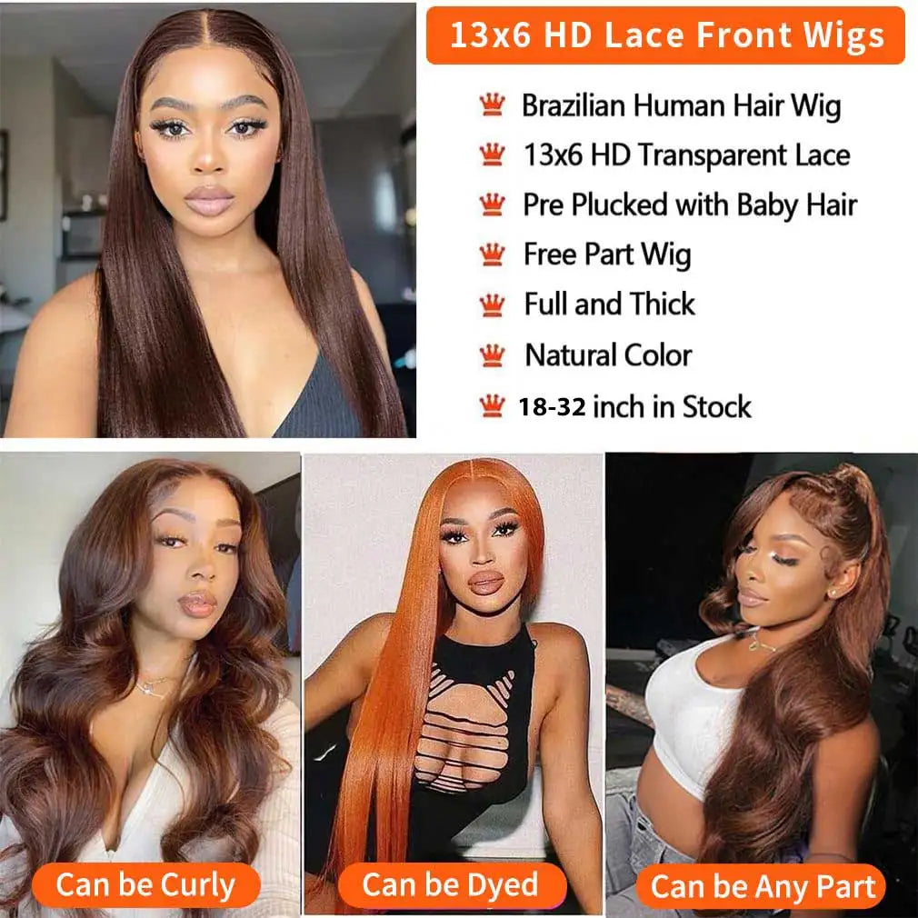 30 inch Chocolate Brown 13x4 13x6 Hd Lace Frontal Wig Straight 100% Human Hair Wig Pre Plucked Brazilian Brown Colored Wigs