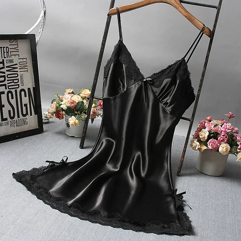 Women Ladies Sexy Nightdress Lace Satin Soft Silky Glossy Lingerie Dress Sleepwear Breathable Sling Sleepshirts Summer V-Neck