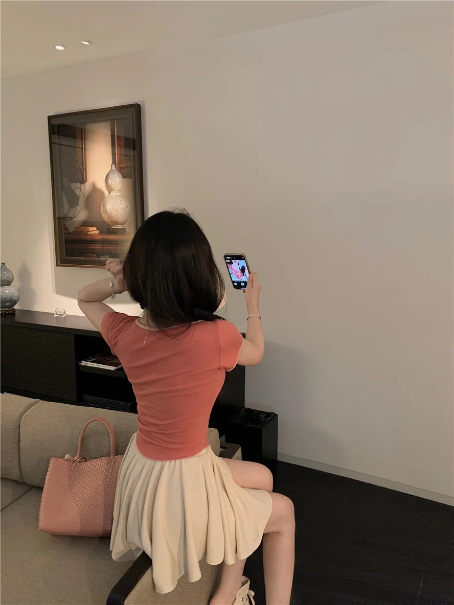 Sweet Spicy Girl Style Tie Straps V-neck Women's Knitted T-shirt Show Slim Figure Short Sleeved Tops Youth Elegant