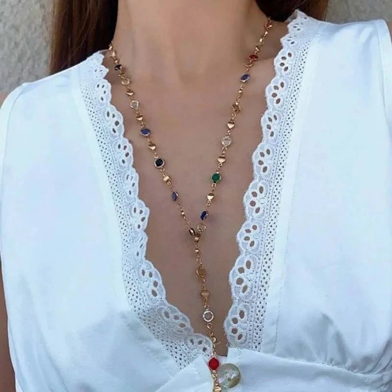 31.2in Fashion Colorful Glass Long Y-Shaped Necklace for Women Metal Collarbone Chain Summer Holiday Party Body Jewelry
