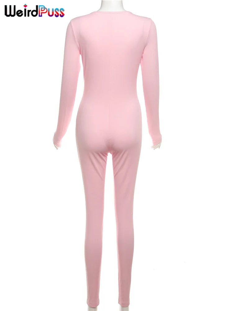 Weird Puss Fitness Button Low-Neck Casual Jumpsuit Women Autumn Fashion Ribbed Stretch Full Sleeve Basic Body-Shaping Overalls