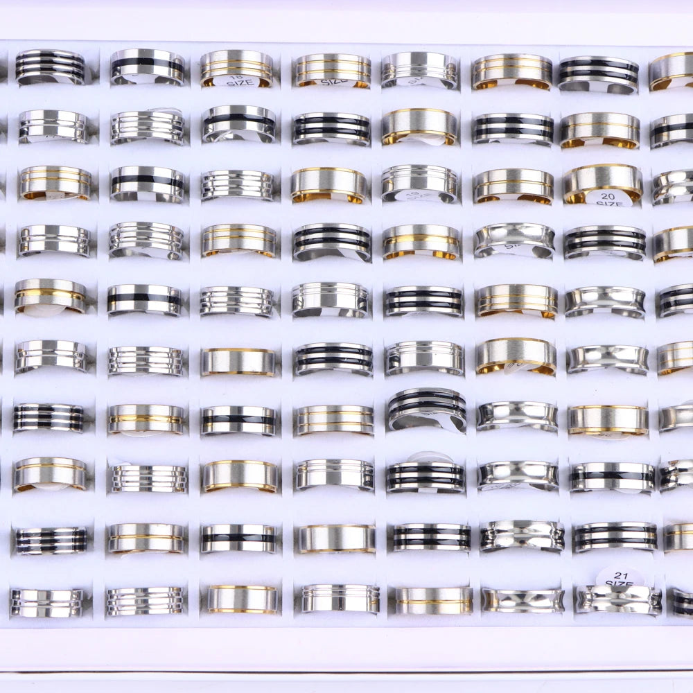 10/20/30/50Pcs Classic Fashion Stripe Hollow Colorful Sticker Stainless Steel Ring Trend Women Jewelry Party Decoration Gift