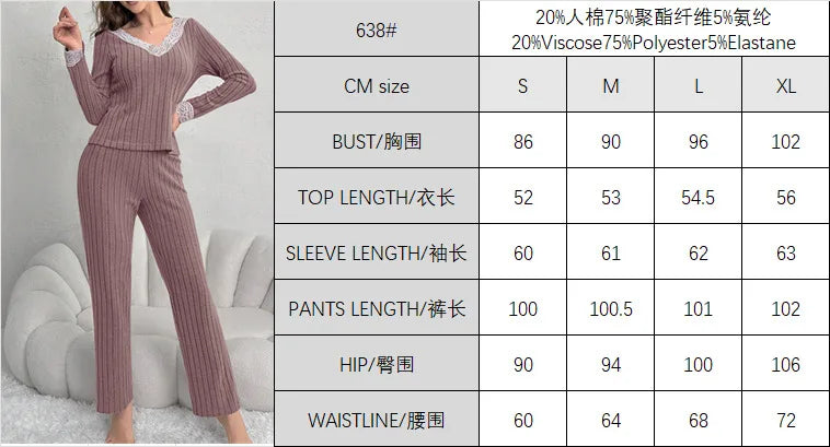 Women's Pajama Set Solid Pit Strip Sleepwear Lace V-neck Long Sleeves Tops Trousers Suit Elegant Casual Home Loungewear Nighties