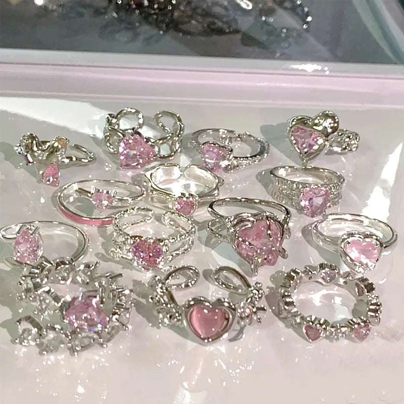 Adjustable Crystal Rings Y2K Pink Irregular Geometry Vintage Bowknot Heart Ring Set for Women Girl 2023 New Fashion Jewelry Gift Viralgem Store