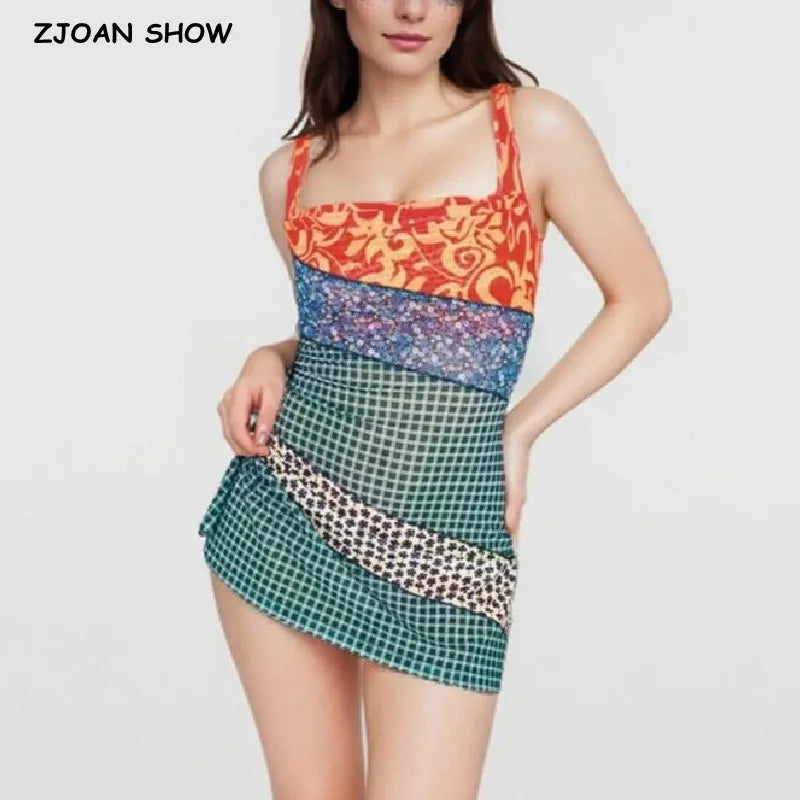 2024 Sexy Ruched Square Collar Contrast Color Plaid Flower Print Sleeveless Mini Mesh Dress Women Packages Hips A-line Tank Robe