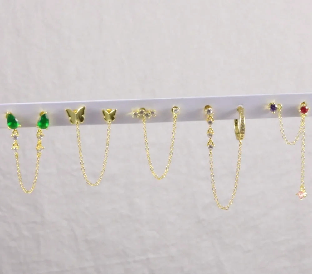 Aide 925 Sterling Silver 1pc Four Zircons Charm Chain Tassel Earrings For Women Double Studs Sparkling CZ Pave Cartilage Clips