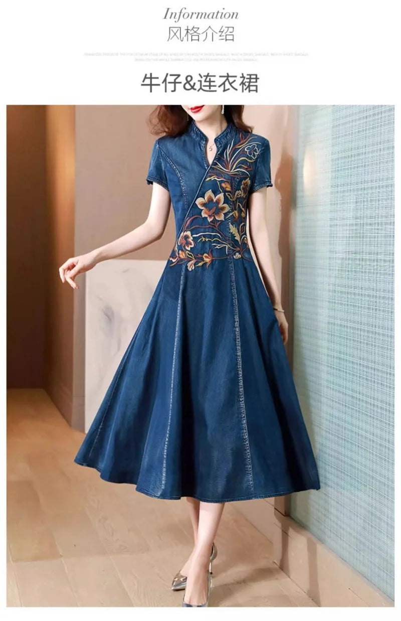 Summer New High End Embroidered Cowboy Dress Women's V-Neck Short Sleeved Temperament Jeans Long Dresses Female Denim Vestidos