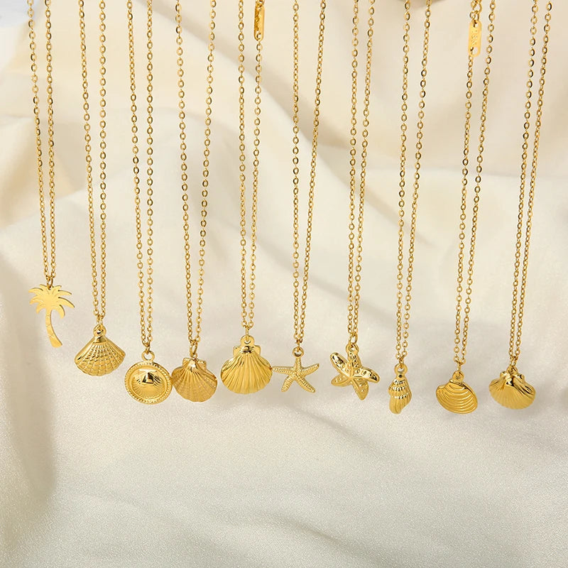 Tarnish Free Stainless Steel Waterproof Jewelry Starfish Conch Shell Coconut Palm Pendant Necklace for Women Girls Holiday Gift