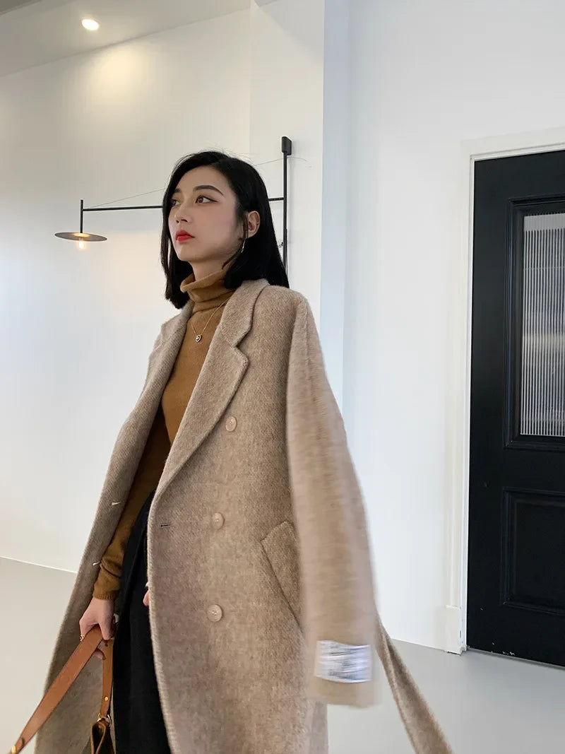 2024 Autumn Winter Wool Coat Women Double-breasted Solid Color Women's Double-sided Woolen Belt Coats Loose Warm Wool Jacket