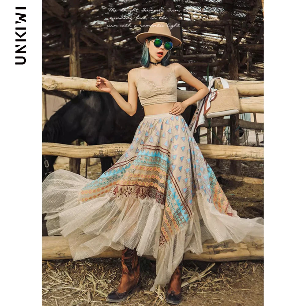 Women‘s Travel Holiday Wear Bohemian Colorful Embroidery Lace Ruffles Skirt Asymmetrical Hem Skirt Female Shiny Gold Mesh Skirts