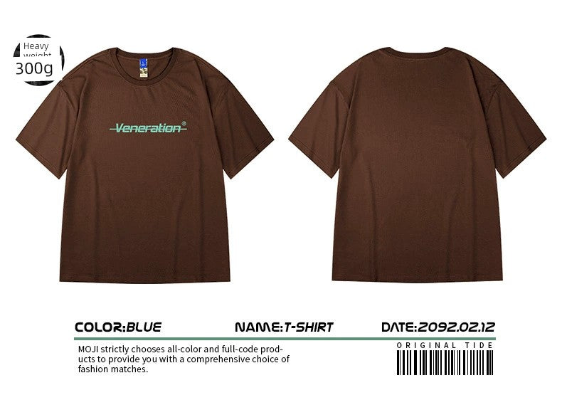 300G Heavy Weight American Letter Print Short-Sleeve T-shirt Street Plus Size Black round Neck Cotton Simple Half Sleeve Men's Fashion