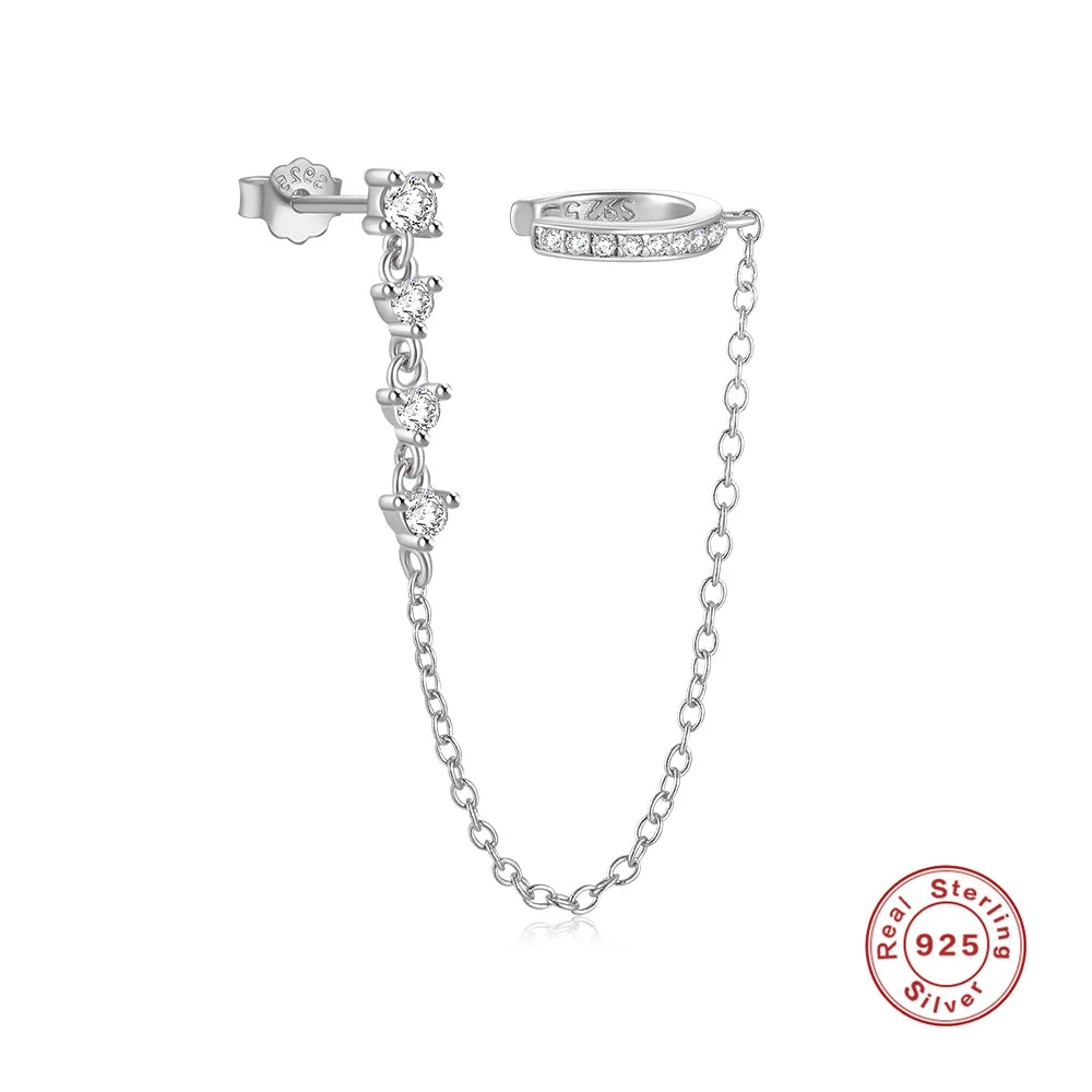 Aide 925 Sterling Silver 1pc Four Zircons Charm Chain Tassel Earrings For Women Double Studs Sparkling CZ Pave Cartilage Clips