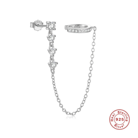 Aide 925 Sterling Silver 1pc Four Zircons Charm Chain Tassel Earrings For Women Double Studs Sparkling CZ Pave Cartilage Clips