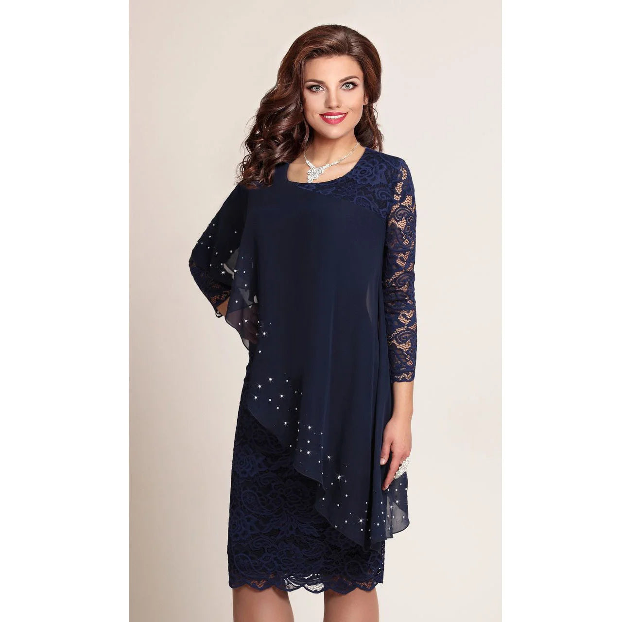Women's Plus Size New Year Knitted Dresses 2022 Mesh Lace Long Sleeve Stitching Luxury Evening Fake Two-piece Chiffon Dress 90s