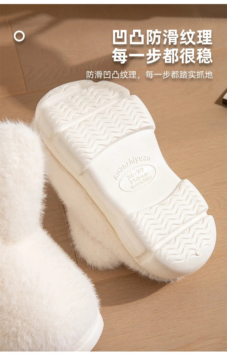 8 cm High platform fur slippers women's winter fluffy ear home shoes woman white bunny rabbit slippers woman house clog shoes