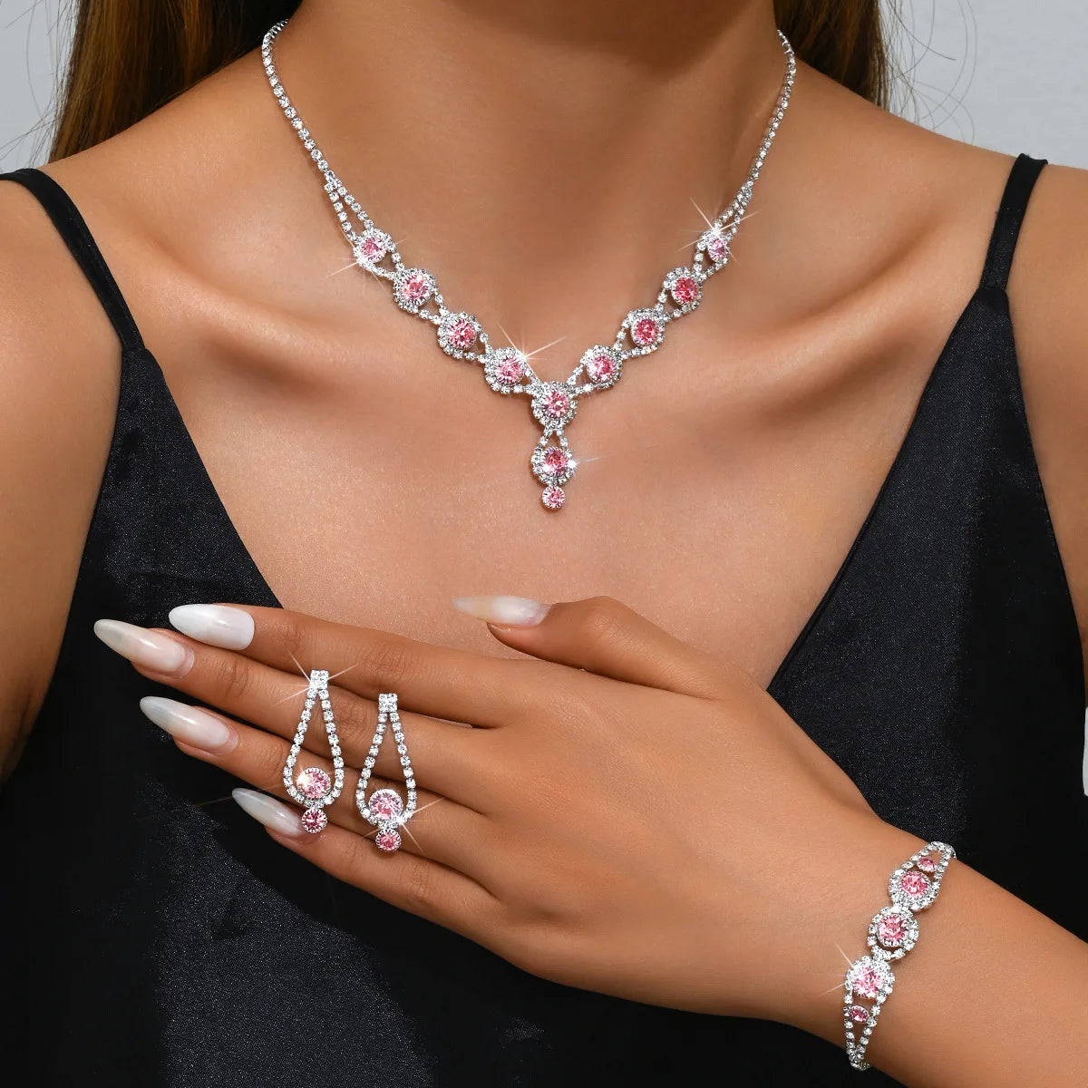 4PCS Fashion Elegant Crystal Jewelry Sets for Women Rhinestones Necklace Ring Earrings Bridal Wedding Party Jewelry Sets Viralgem Store