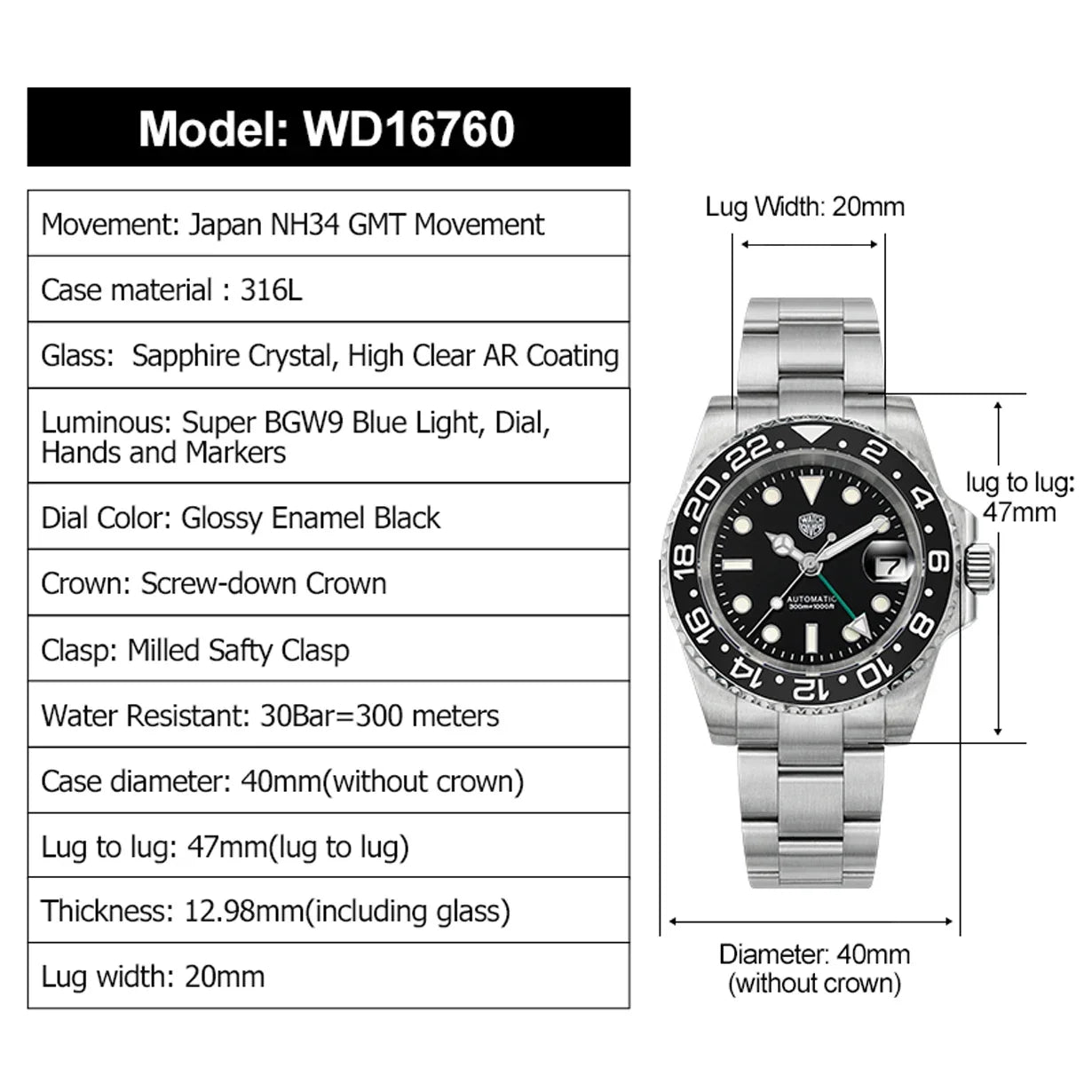 Watchdives WD16760 NH34 Sub GMT Watch Stainless Steel Sapphire Automatic Movement BGW9 Luminous 300m Waterproof Watches for men