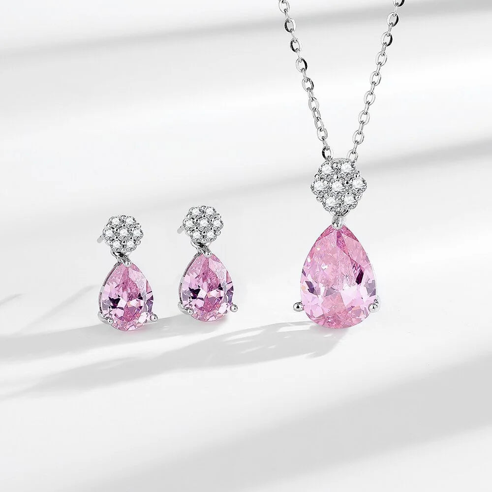 925 Sterling Silver Jewelry Set Shiny Rose Quartz Zircon Women Necklace Earrings Birthday Wedding Party Jewelry Gift Viralgem Store