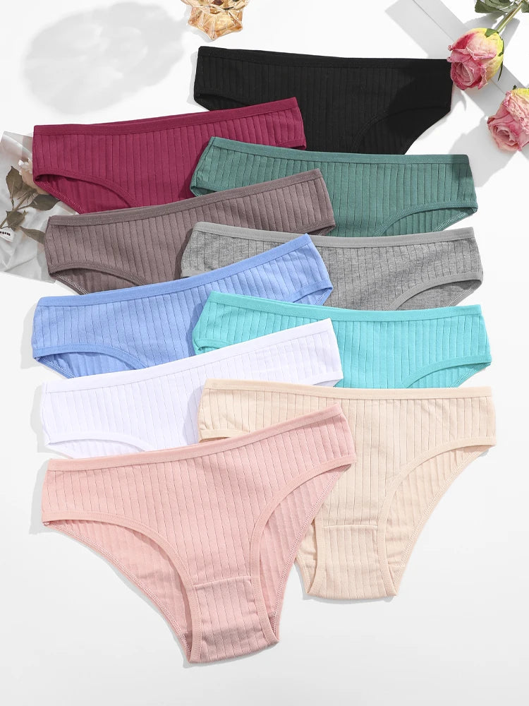 7Pcs/SET Cotton Ribbed Striped Underwear Women's Panties Sexy Solid Color Plus Size Briefs Female Breathable Soft Lingerie L-7XL