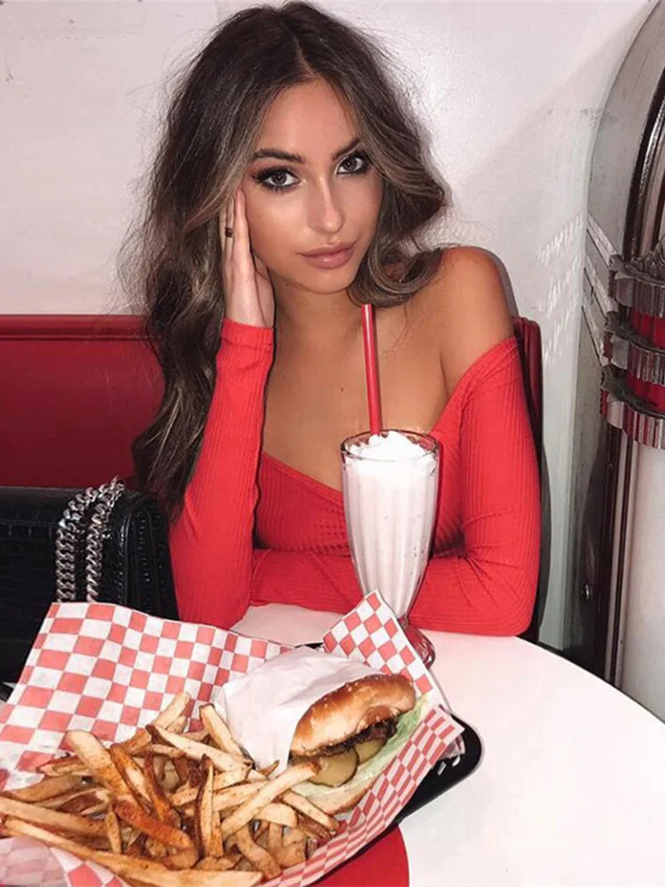 women T-shirts sexy and club fashion female T-shirt long sleeve off shoulder solid color lady Tshirt autumn basic tees Freshlook Styles