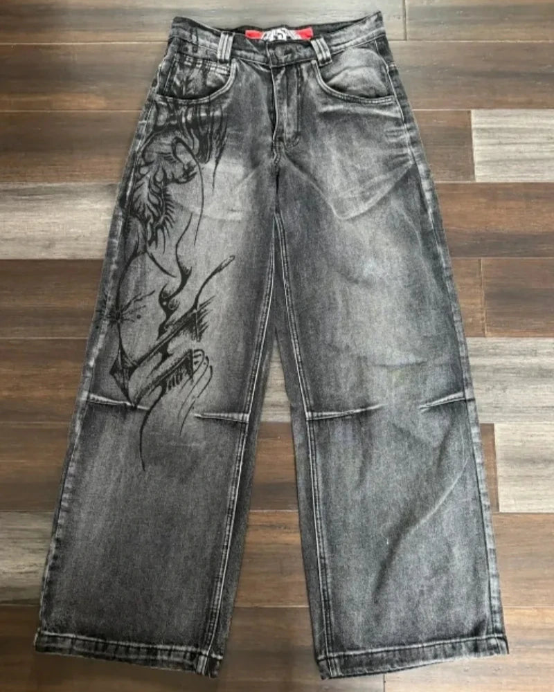 2024 American New Harajuku Vintage Oversized Printed Jeans Women Y2K Washed Old Hip Hop Gothic High Waist Wide Leg Trousers Viralgem Store